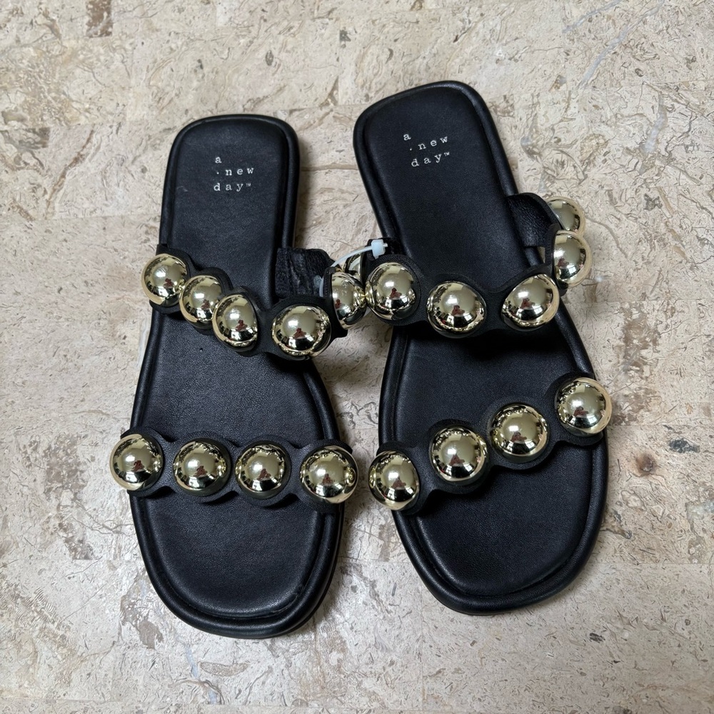Didi Embellished Slide Sandals Open Toe Flat Black Size 6.5